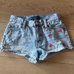 Aeropostale Women's Light Blue Jean Shorts with Floral and Watermelon Design